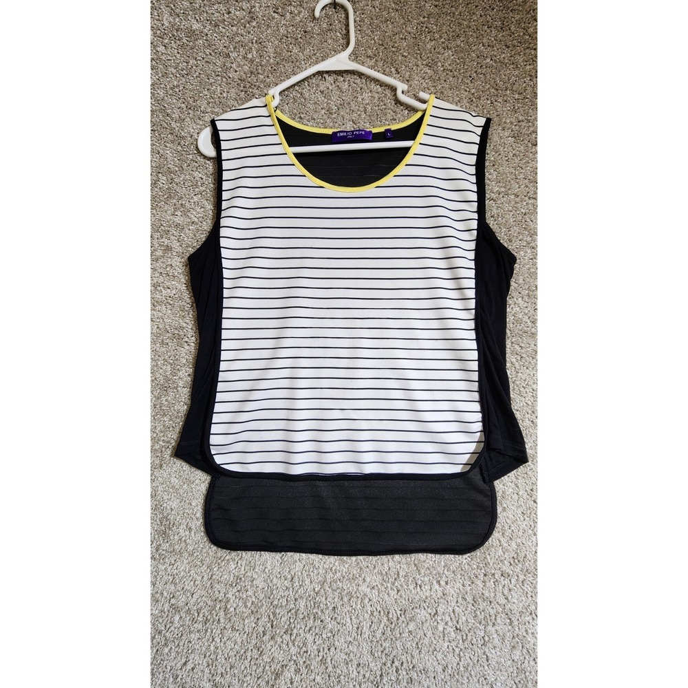 Emilio Pepe Italy Sleeveless Black And White Striped Blouse W/ Yellow Trim Large